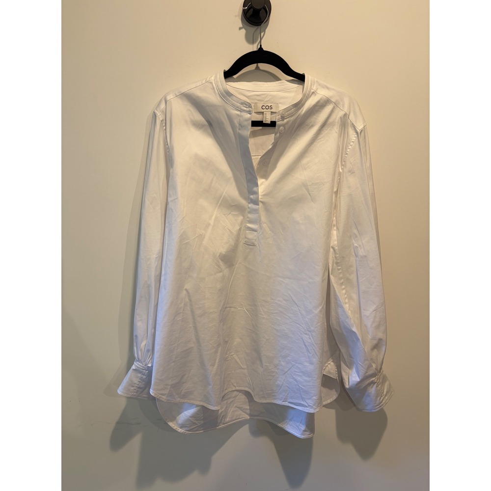 COS Womens White Band Collar Poplin Tunic Shirt Size 12 Long Sleeve Cotton Blend